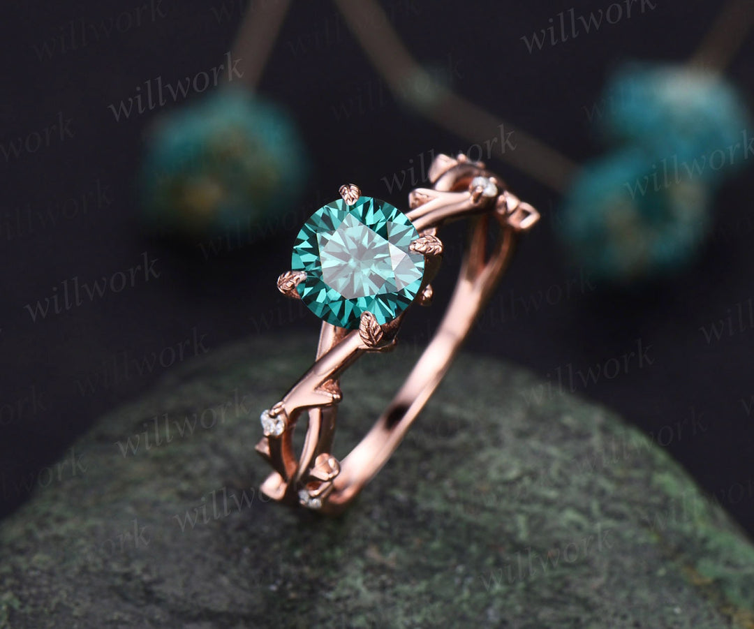 Round green moissanite engagement ring vintage leaf twisted diamond ring rose gold dainty custom ring women bridal anniversary promise ring