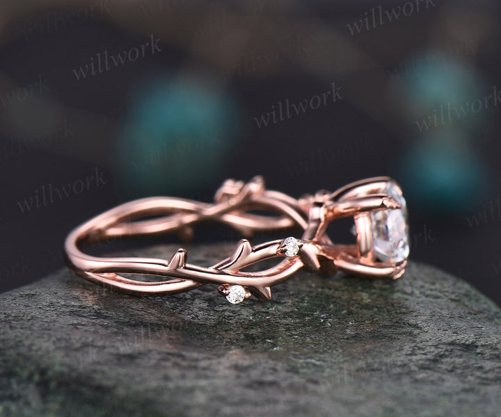 1ct twig round cut moissanite engagement ring 14k rose gold five stone leaf branches diamond ring women unique anniversary ring gift for her