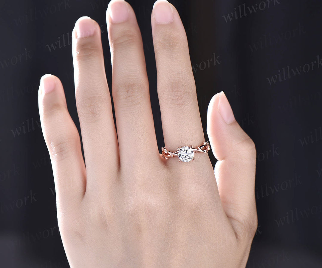 1ct twig round cut moissanite engagement ring 14k rose gold five stone leaf branches diamond ring women unique anniversary ring gift for her