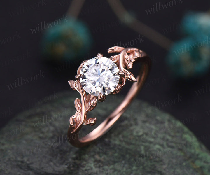Vintage 1ct round cut moissanite engagement ring yellow gold art deco leaf five stone diamond anniversary promise wedding ring women gift