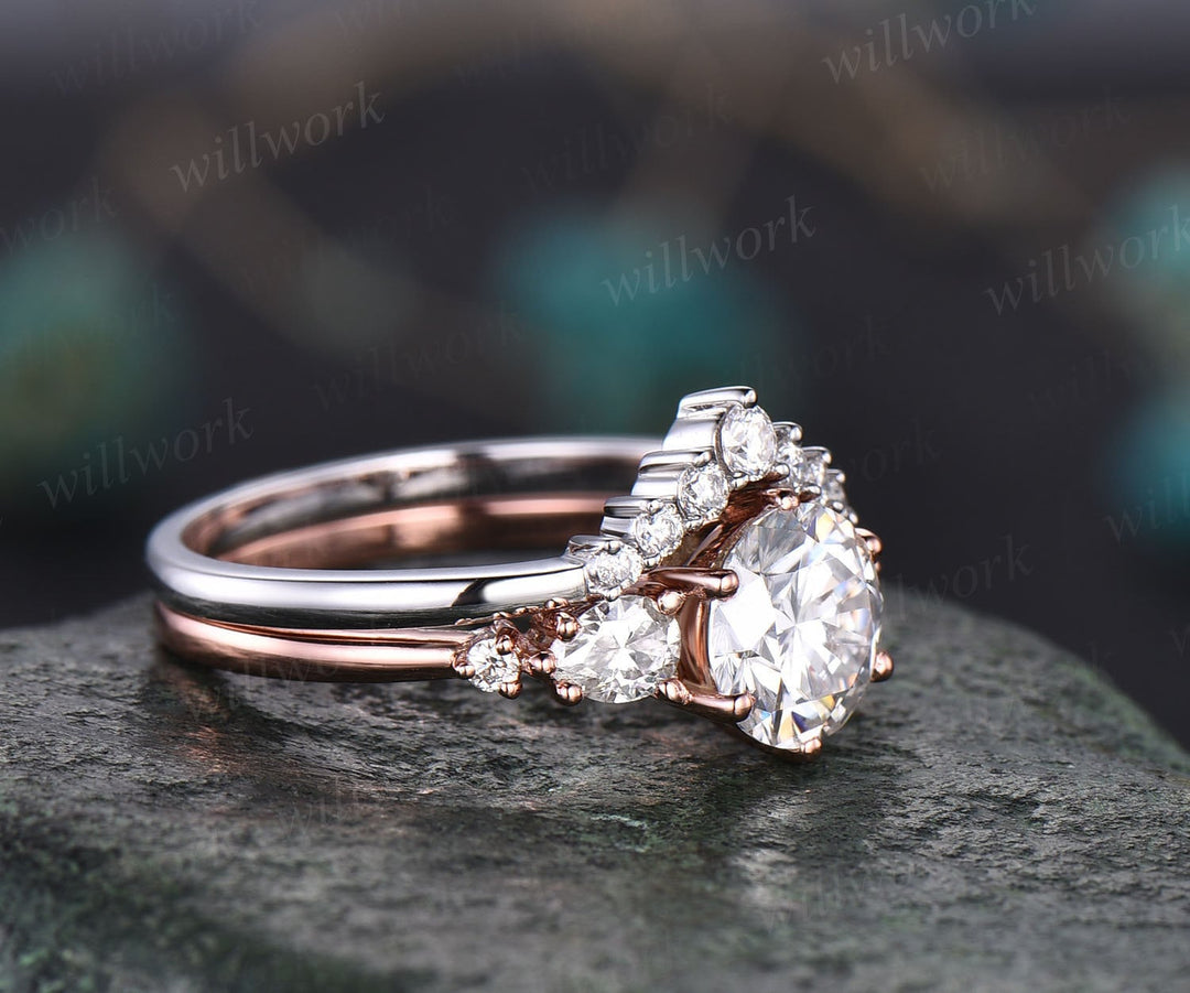 Round cut moissanite ring vintage moissanite engagement ring set five stone rose gold unique engagement ring promise bridal wedding ring set