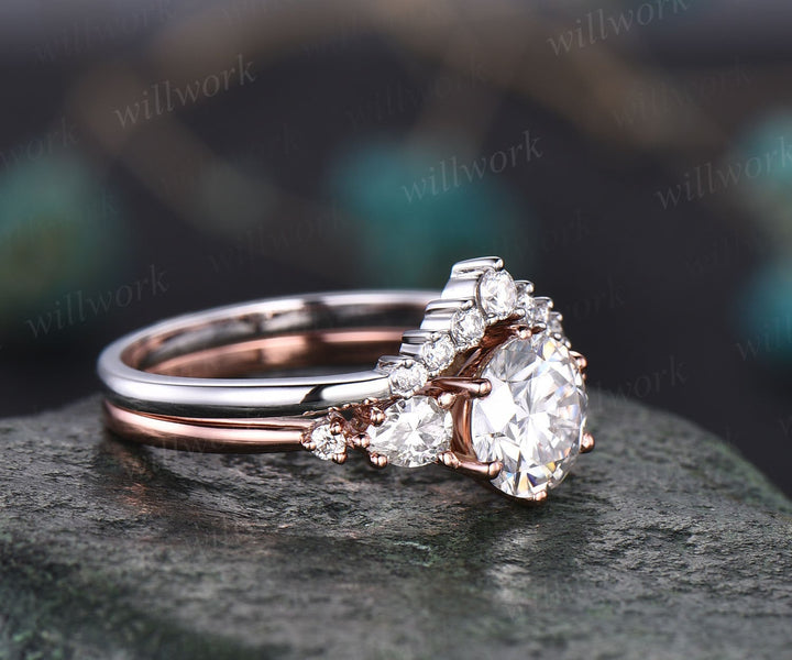 Round cut moissanite ring vintage moissanite engagement ring set five stone rose gold unique engagement ring promise bridal wedding ring set