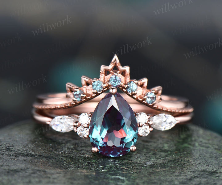 Alexandrite ring gold vintage Pear cut Alexandrite engagement ring set art deco rose gold ring women wedding promise stacking ring set gift