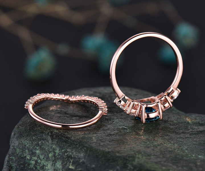 Alexandrite ring gold women vintage Alexandrite engagement ring set rose gold bridal ring set art deco moissanite ring set promise ring set