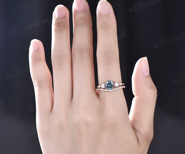 Alexandrite ring gold women vintage Alexandrite engagement ring set rose gold bridal ring set art deco moissanite ring set promise ring set