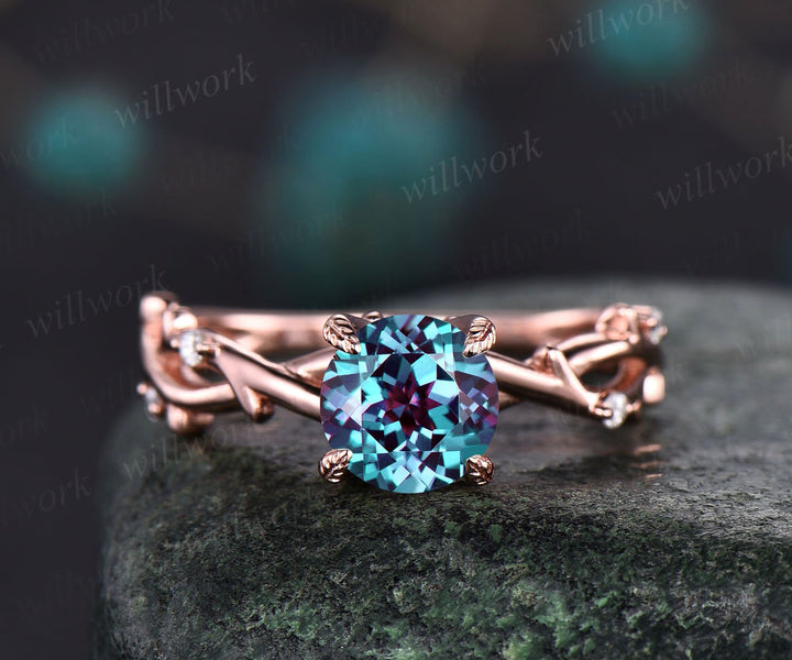 Twig round cut Alexandrite engagement ring rose gold five stone leaf Nature inspired infinity diamond anniversary wedding ring women gift