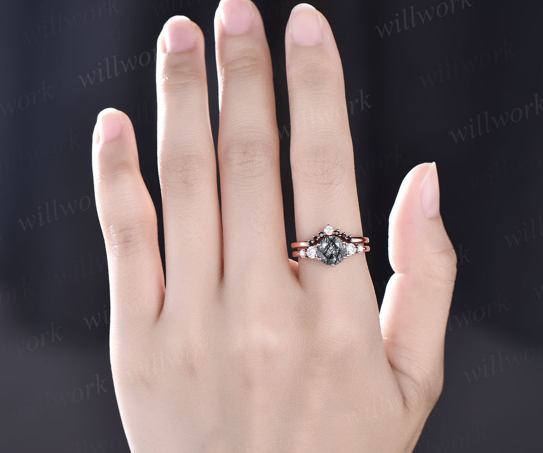 Vintage black rutilated quartz engagement ring set five stone rose gold ring women black diamond ring set stacking ring set promise ring
