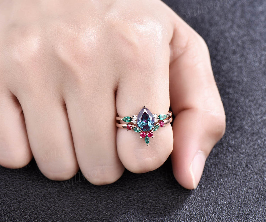 Pear Alexandrite engagement ring set art deco emerald ring set natural ruby ring real diamond ring vintage rose gold unique bridal ring set
