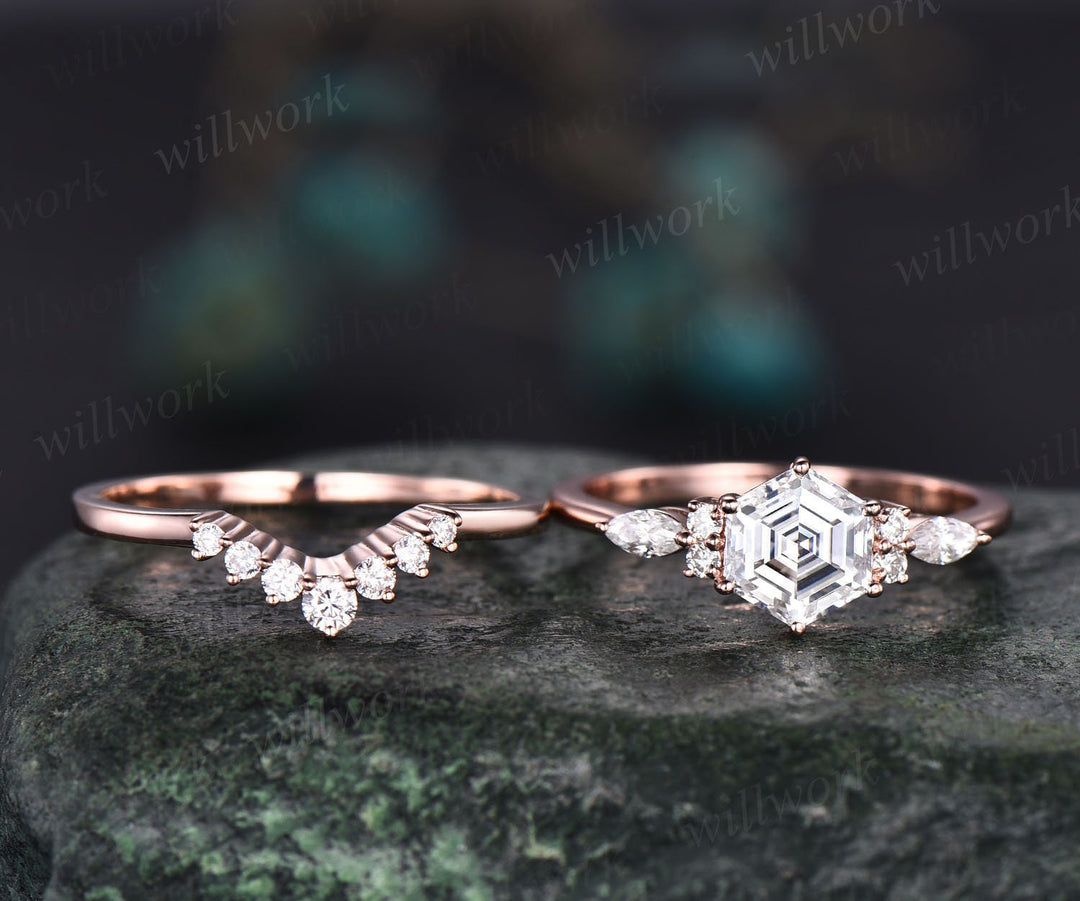 Hexagon moissanite engagement ring set rose gold art deco wedding ring set marquise ring setting prong custom ring dainty bridal ring set
