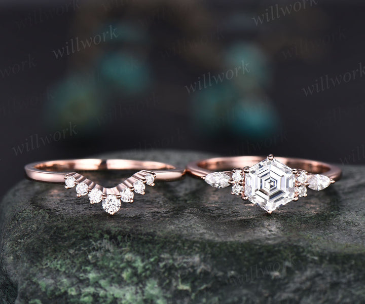 Hexagon moissanite engagement ring set rose gold art deco wedding ring set marquise ring setting prong custom ring dainty bridal ring set
