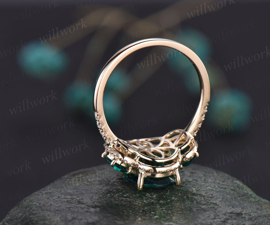 8x10mm oval cut emerald engagement ring vintage emerald ring rose gold halo moissanite bridal May birthstone promise anniversary ring women