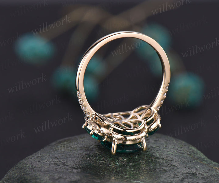8x10mm oval cut emerald engagement ring vintage emerald ring rose gold halo moissanite bridal May birthstone promise anniversary ring women