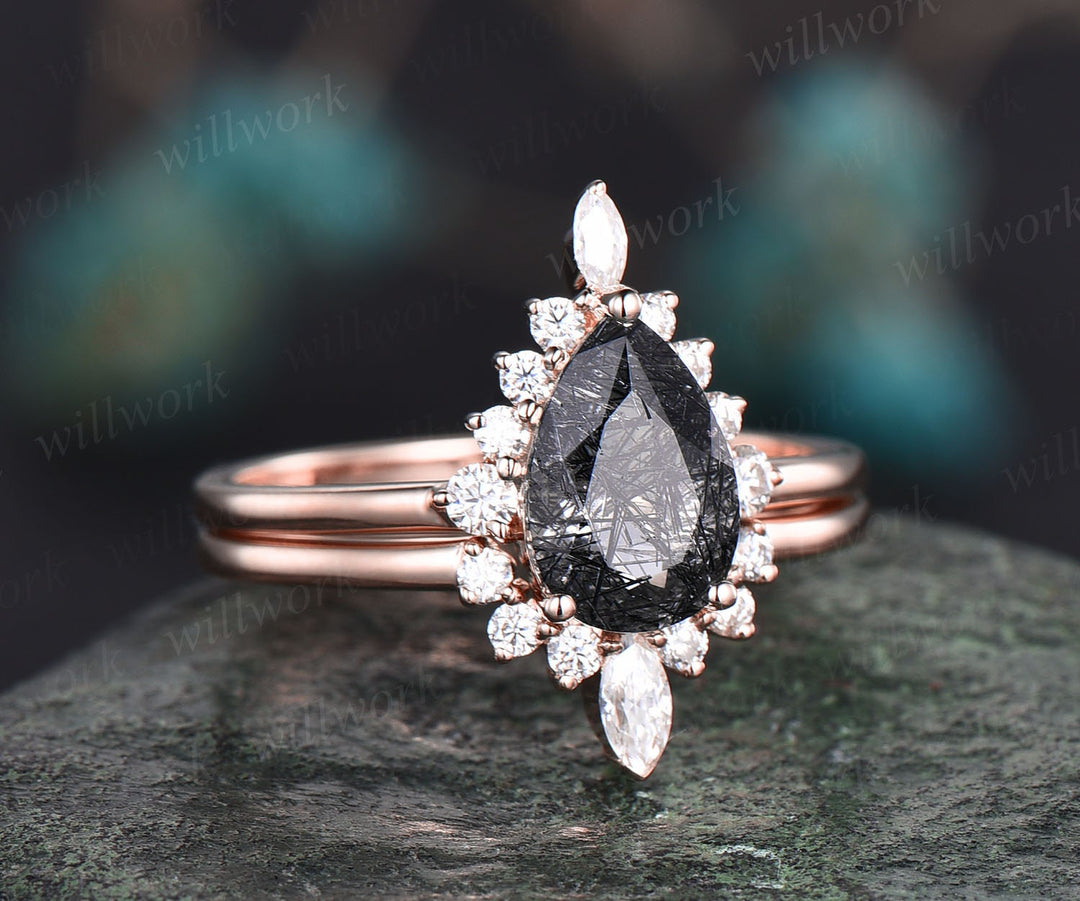 Pear black rutilated quartz engagement ring set vintage dainty halo marquise ring setting rose gold wedding prmoise bridal ring set women