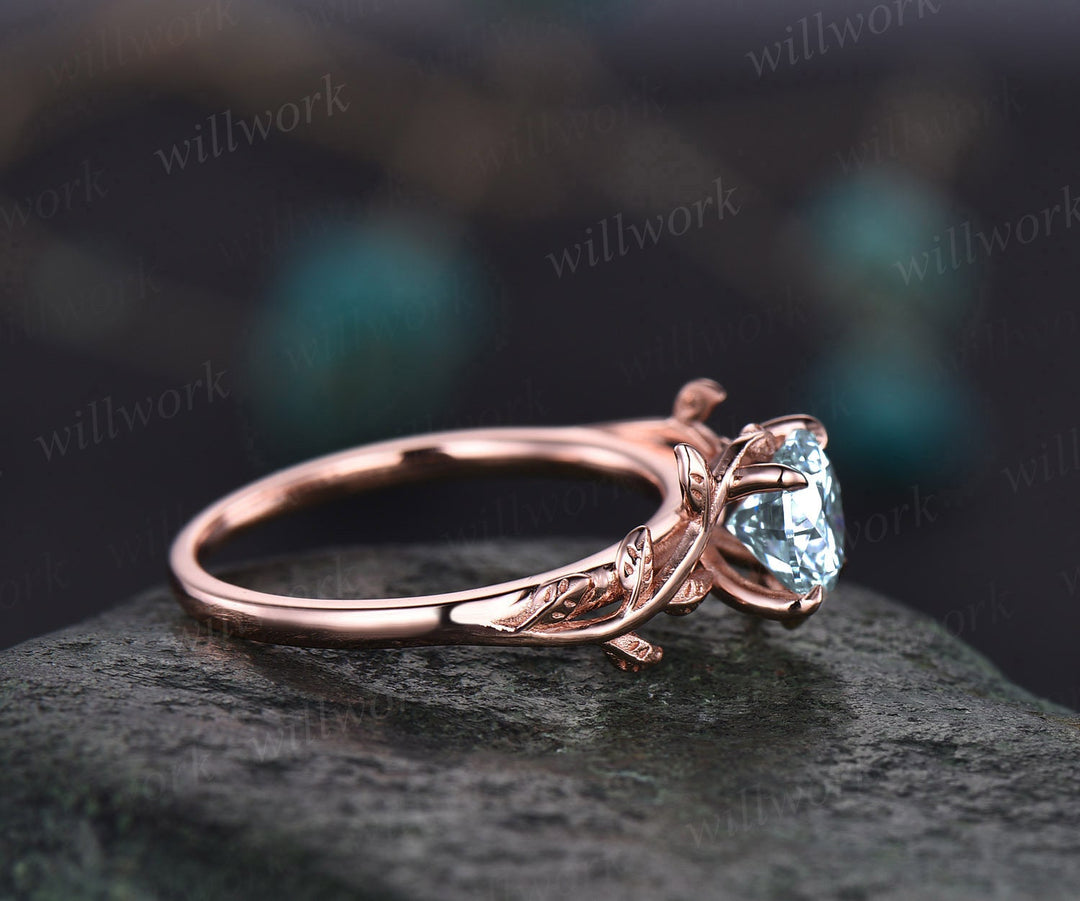 Vintage aquamarine ring for women unique round aquamarine engagement ring leaf flower rose gold solitaire ring antique dainty wedding ring