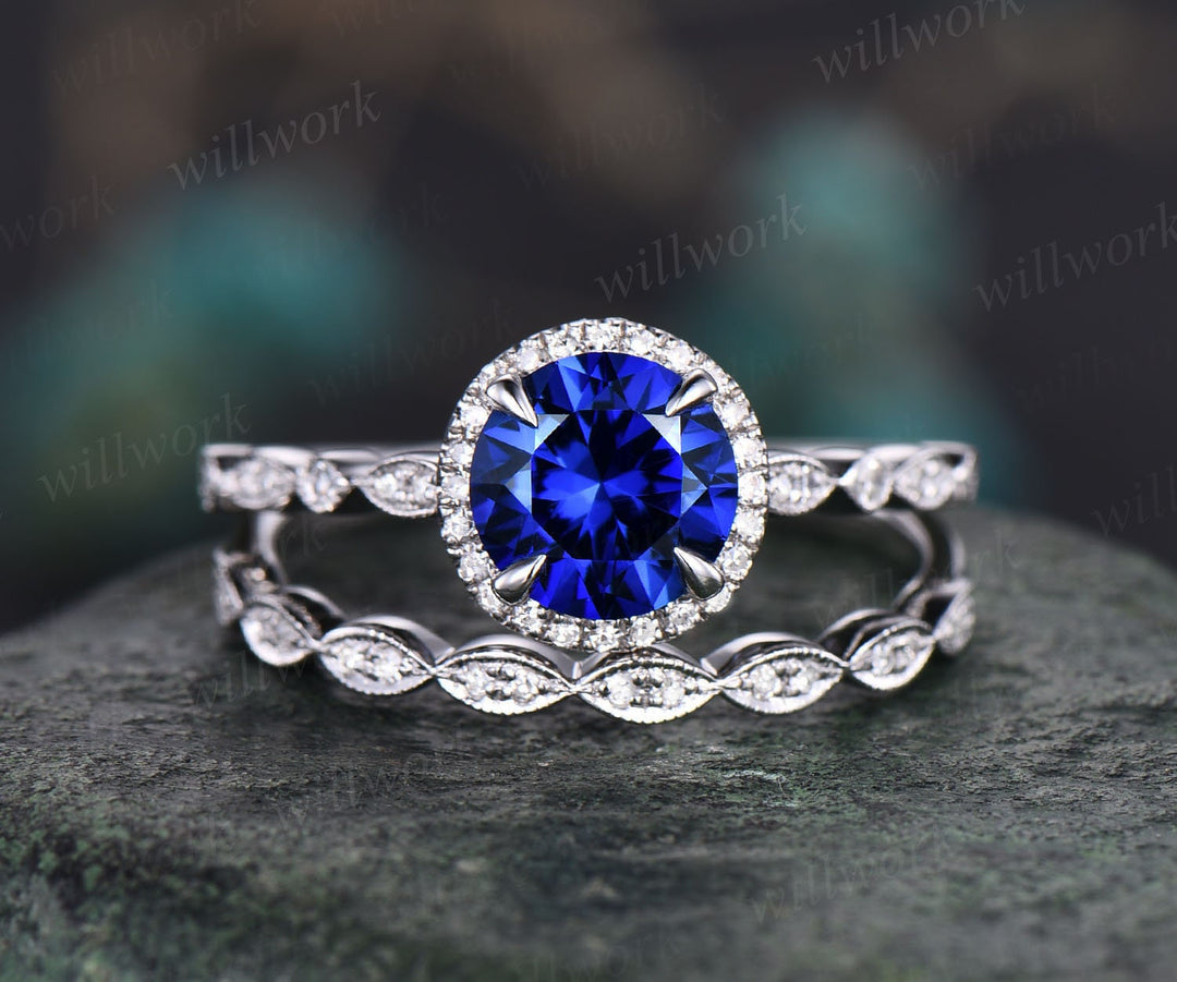 Art deco sapphire engagement ring set vintage halo Milgrain diamond ring white gold marquise ring setting women September birthstone ring