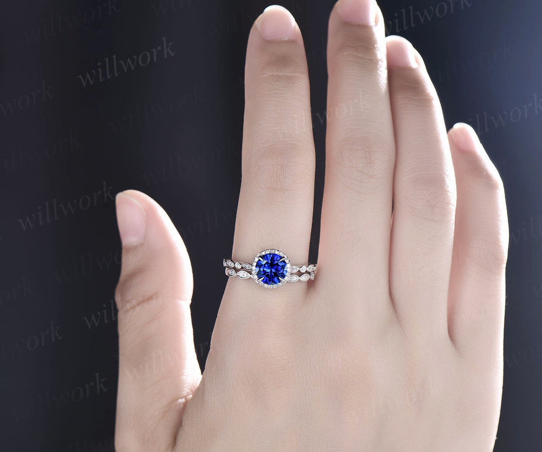 Art deco sapphire engagement ring set vintage halo Milgrain diamond ring white gold marquise ring setting women September birthstone ring