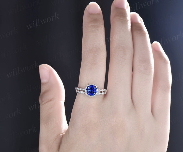 Art deco sapphire engagement ring set vintage halo Milgrain diamond ring white gold marquise ring setting women September birthstone ring