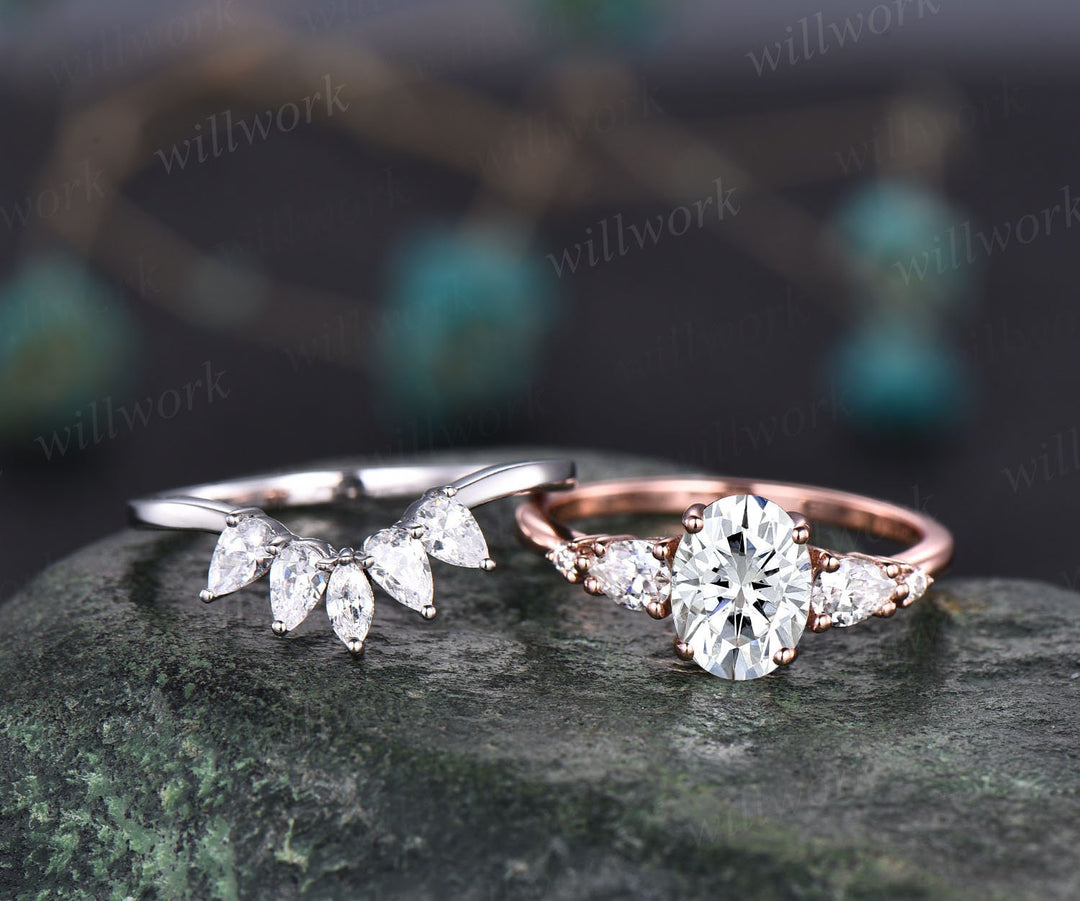 Oval cut moissanite engagement ring set five stone rose gold ring set art deco vintage ring women unique anniversary ring set custom ring