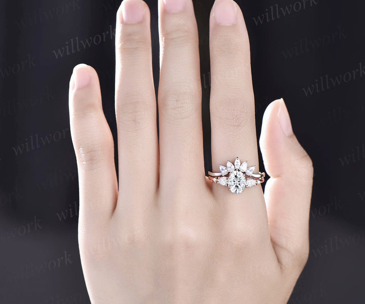 Oval cut moissanite engagement ring set five stone rose gold ring set art deco vintage ring women unique anniversary ring set custom ring