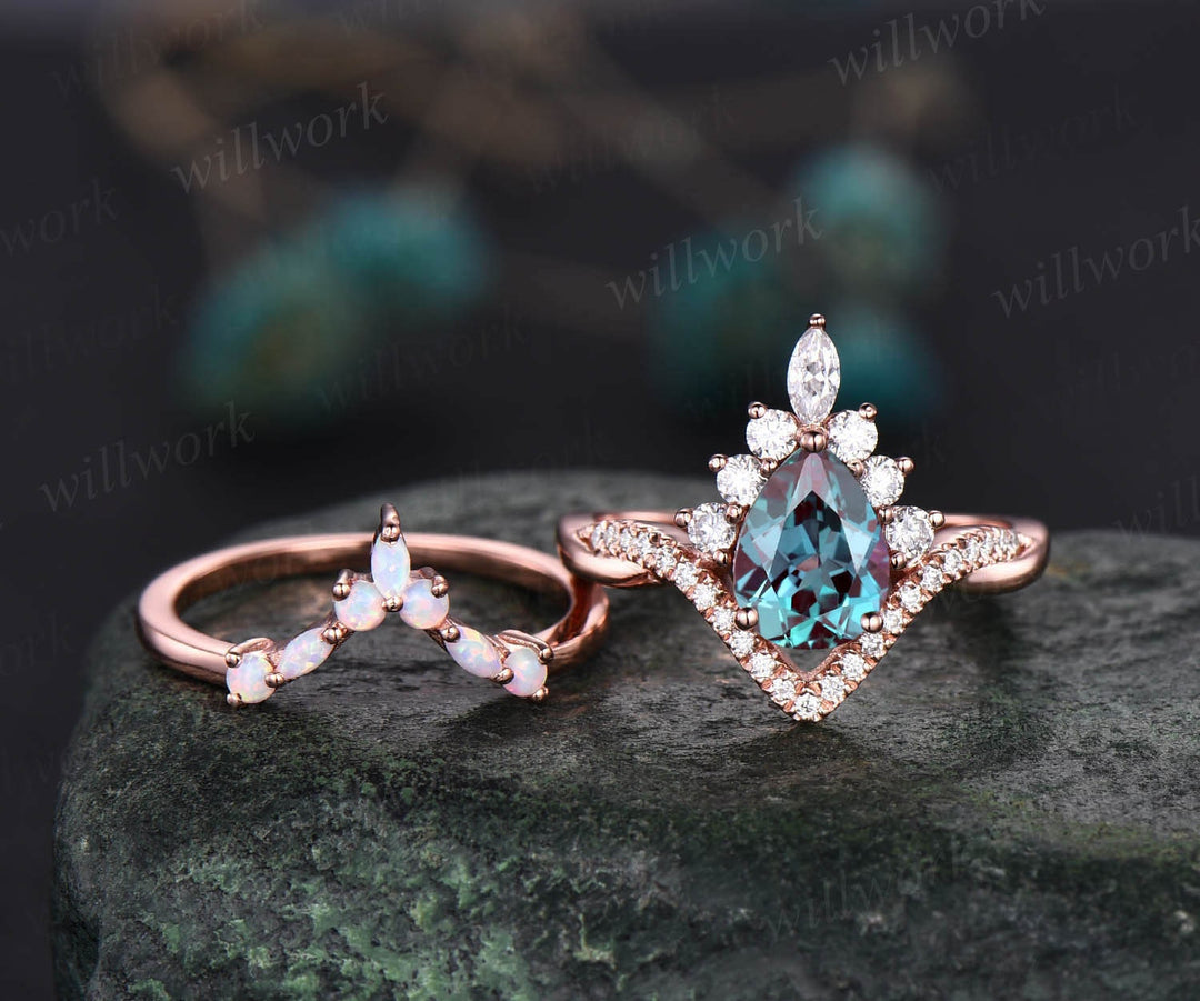 Pear Alexandrite engagement ring set halo art deco infinity rose gold ring set opal ring vintage moissanite wedding ring set birthday gift