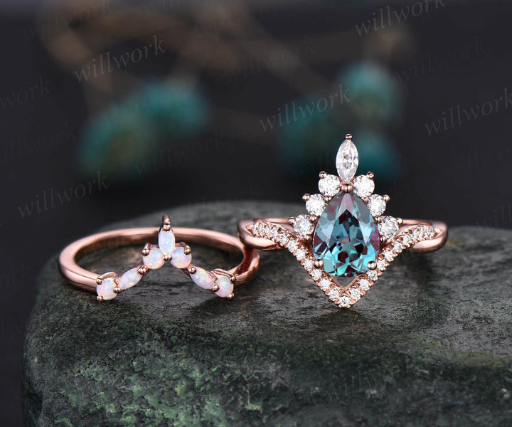 Pear Alexandrite engagement ring set halo art deco infinity rose gold ring set opal ring vintage moissanite wedding ring set birthday gift