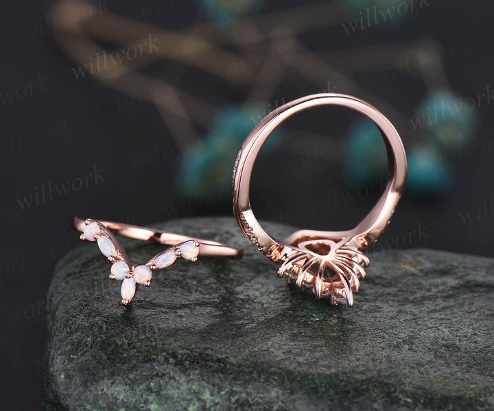 Pear Alexandrite engagement ring set halo art deco infinity rose gold ring set opal ring vintage moissanite wedding ring set birthday gift