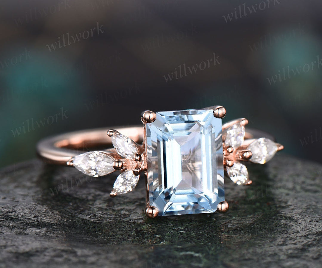 Vintage aquamarine ring gold women emerald cut aquamarine engagement ring art deco dainty flower marquise moissanite wedding promise ring