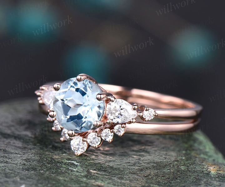 Unique aquamarine wedding ring set vintage aquamarine engagement ring set five stone pear moissanite promise ring set March birthstone ring