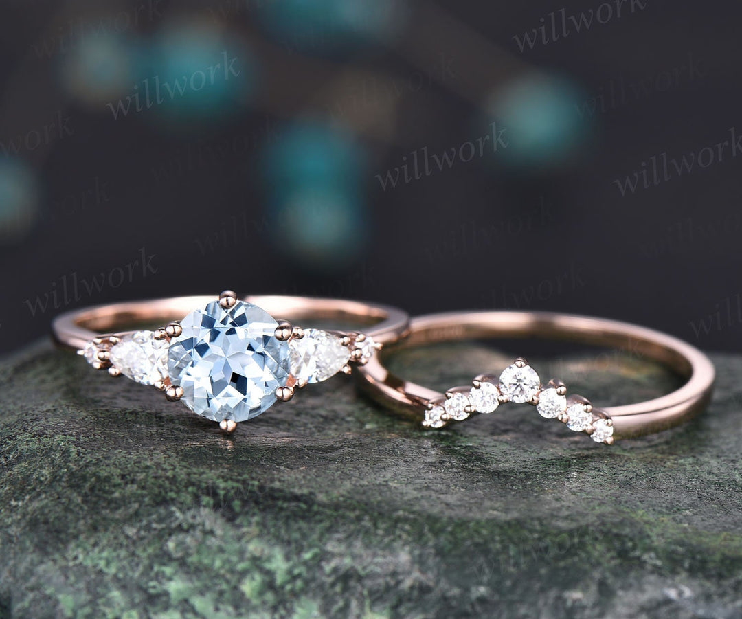 Unique aquamarine wedding ring set vintage aquamarine engagement ring set five stone pear moissanite promise ring set March birthstone ring