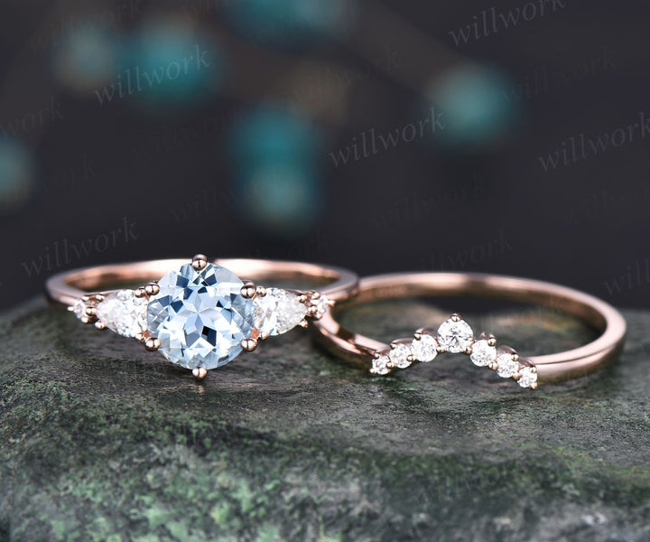 Unique aquamarine wedding ring set vintage aquamarine engagement ring set five stone pear moissanite promise ring set March birthstone ring