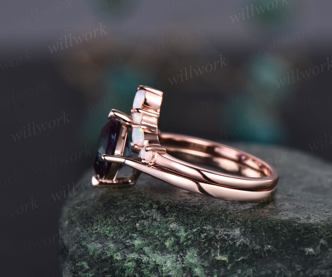 Vintage Alexandrite ring set women cushion cut Alexandrite engagement ring set art deco opal ring band June birthstone ring bridal ring set