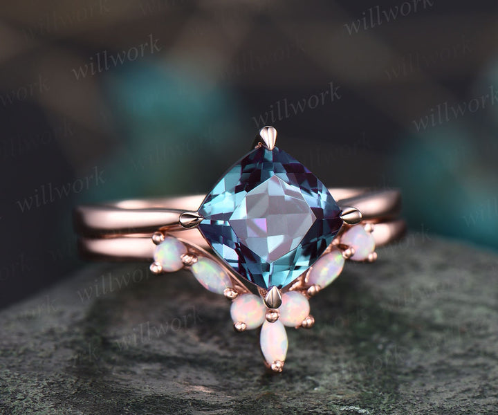 Vintage Alexandrite ring set women cushion cut Alexandrite engagement ring set art deco opal ring band June birthstone ring bridal ring set