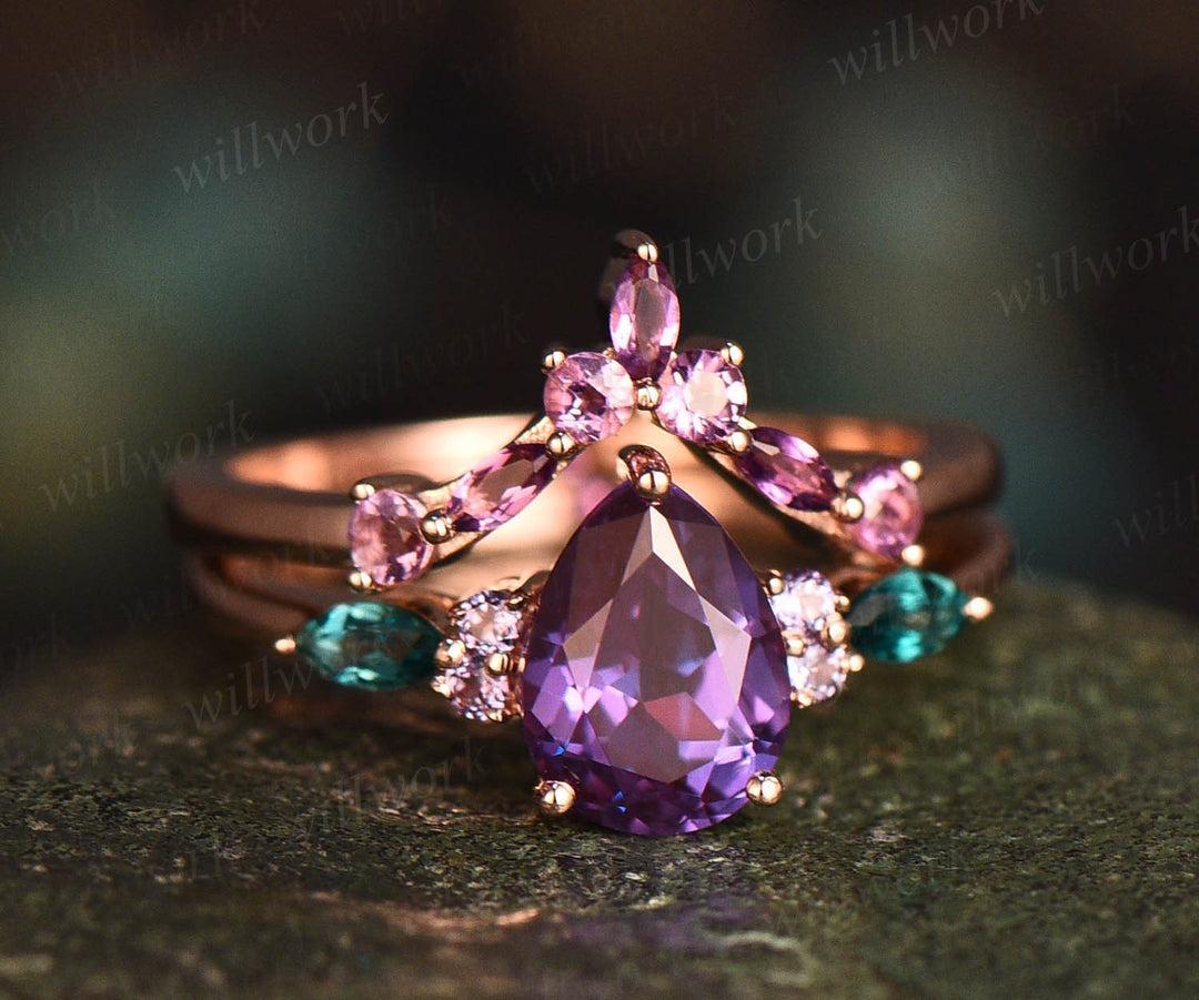 Pear Alexandrite ring for women vintage Alexandrite engagement ring set art deco emerald ring amethyst wedding band unique wedding ring set