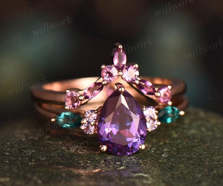 Pear Alexandrite ring for women vintage Alexandrite engagement ring set art deco emerald ring amethyst wedding band unique wedding ring set