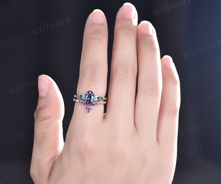 Pear Alexandrite ring for women vintage Alexandrite engagement ring set art deco emerald ring amethyst wedding band unique wedding ring set