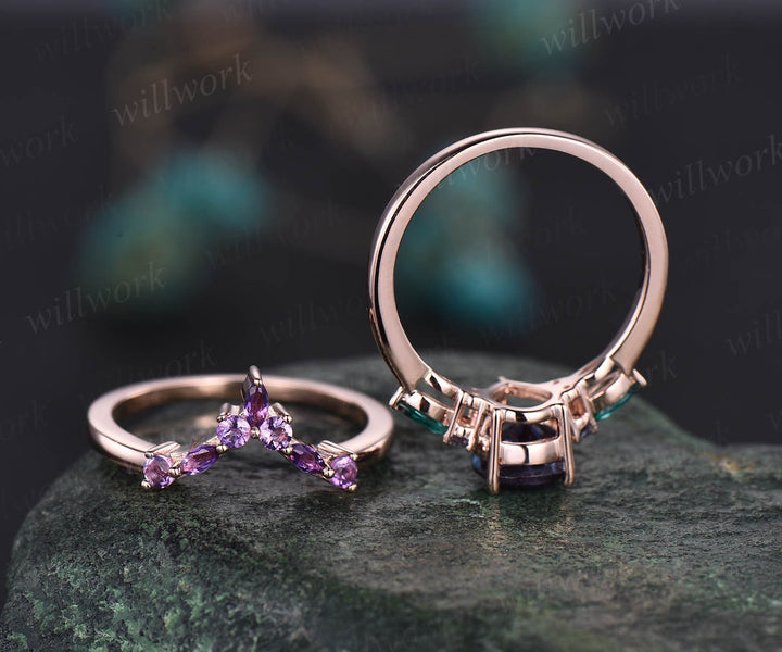 Pear Alexandrite ring for women vintage Alexandrite engagement ring set art deco emerald ring amethyst wedding band unique wedding ring set