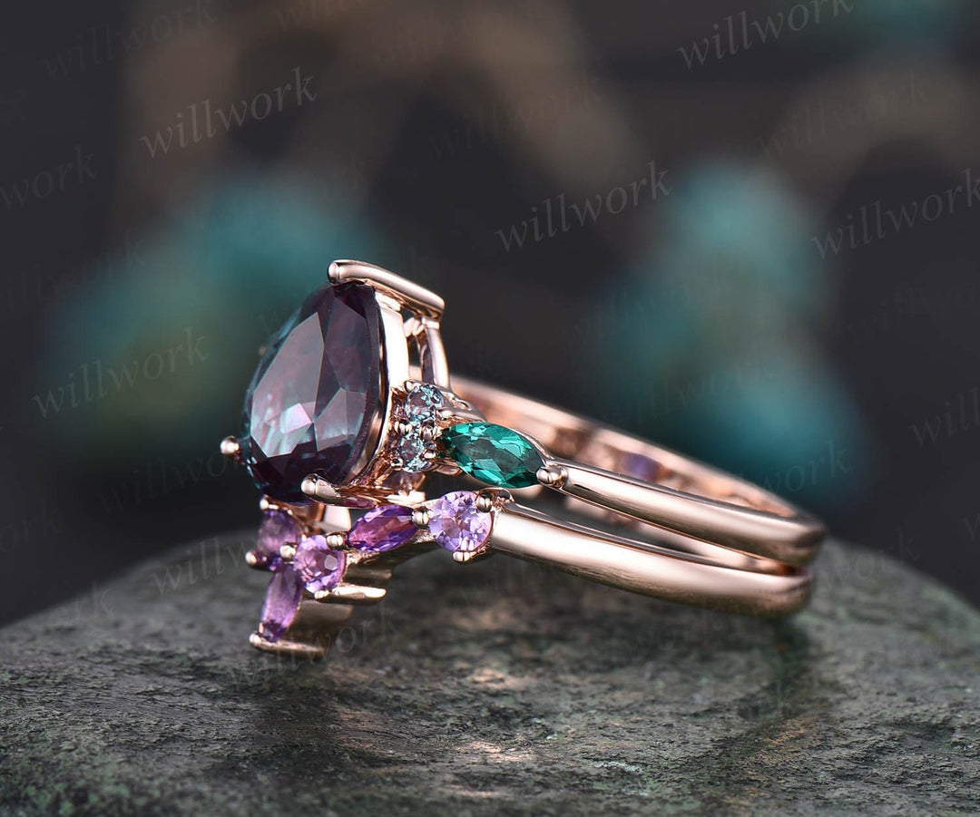 Pear Alexandrite ring for women vintage Alexandrite engagement ring set art deco emerald ring amethyst wedding band unique wedding ring set