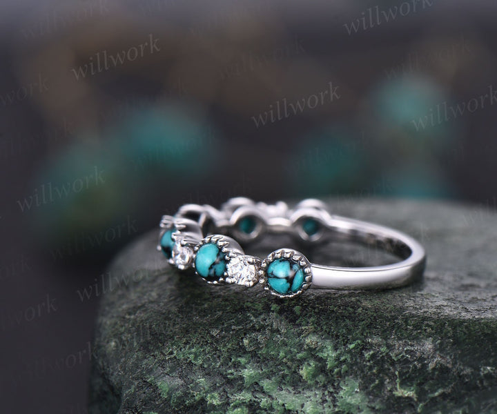Turquoise wedding ring turquoise wedding band Turquoise ring rose gold vintage moissanite ring women half eternity annniversary bridal ring
