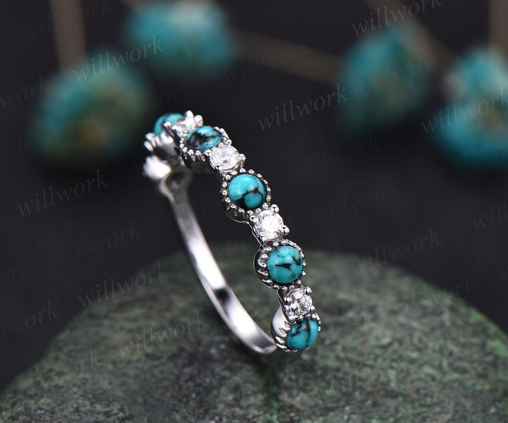 Turquoise wedding ring turquoise wedding band Turquoise ring rose gold vintage moissanite ring women half eternity annniversary bridal ring