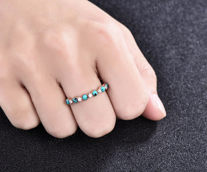 Turquoise wedding ring turquoise wedding band Turquoise ring rose gold vintage moissanite ring women half eternity annniversary bridal ring