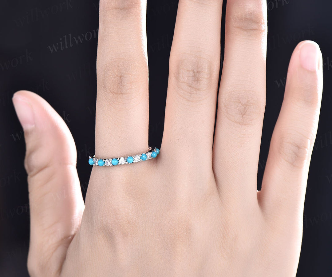 Turquoise wedding ring turquoise wedding band vintage Turquoise ring white gold silver ring for women eternity bridal annniversary ring gift