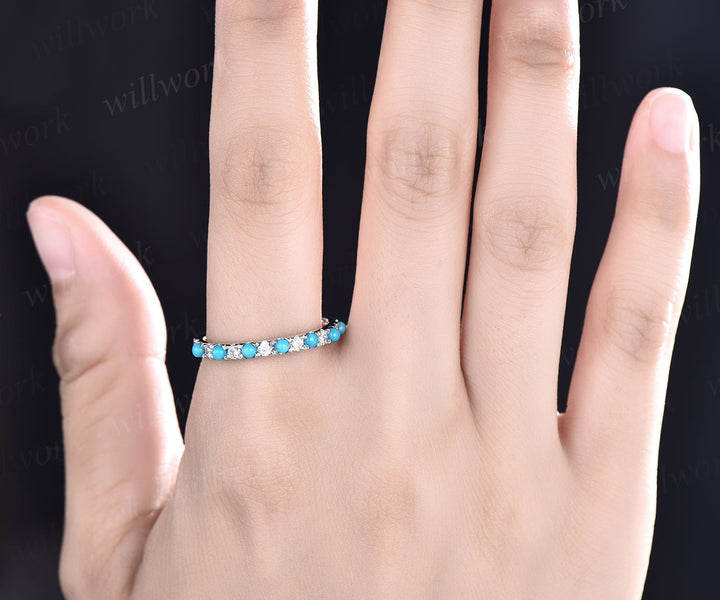 Turquoise wedding ring turquoise wedding band vintage Turquoise ring white gold silver ring for women eternity bridal annniversary ring gift