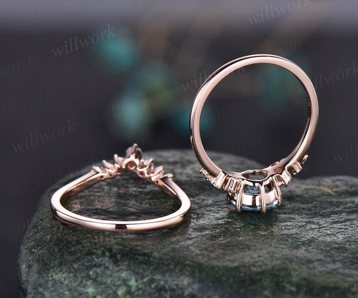 Aquamarine ring set vintage aquamarine engagement ring set unique snowdrift engagement ring rose gold cluster dainty moissanite ring women