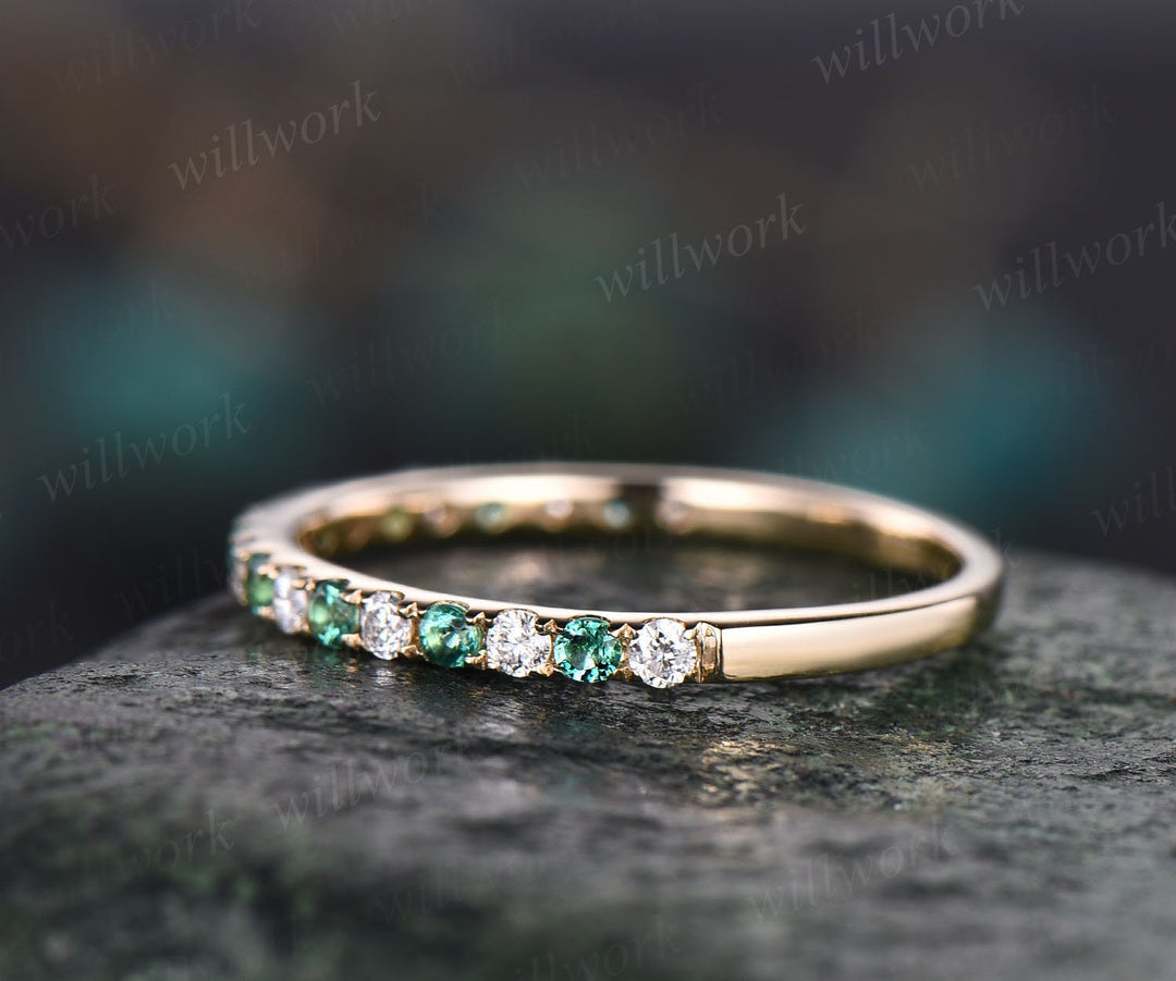 Natural emerald wedding band half eternity diamond wedding ring band diamond ring vintage gold women anniversary ring May birthstone ring