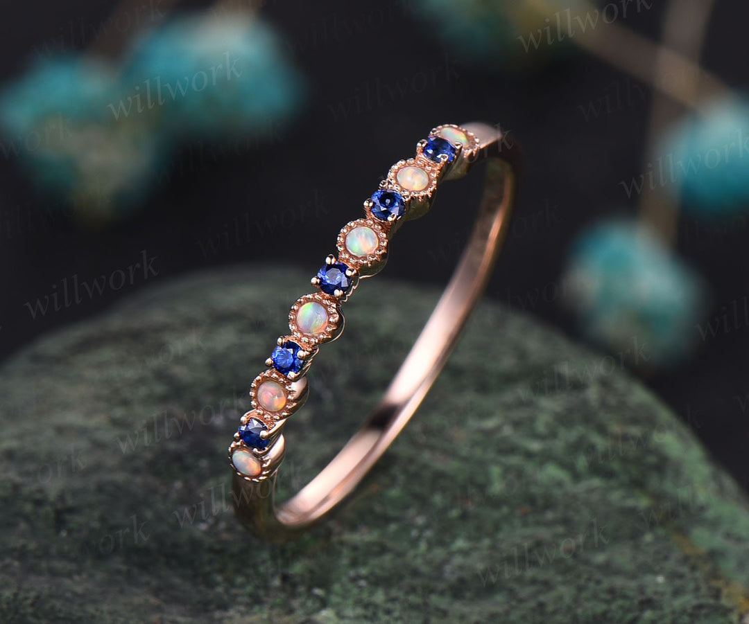 Natural sapphire wedding ring opal wedding band sapphire ring gold opal ring vintage Milgrain wedding ring band bridal anniversary gifts