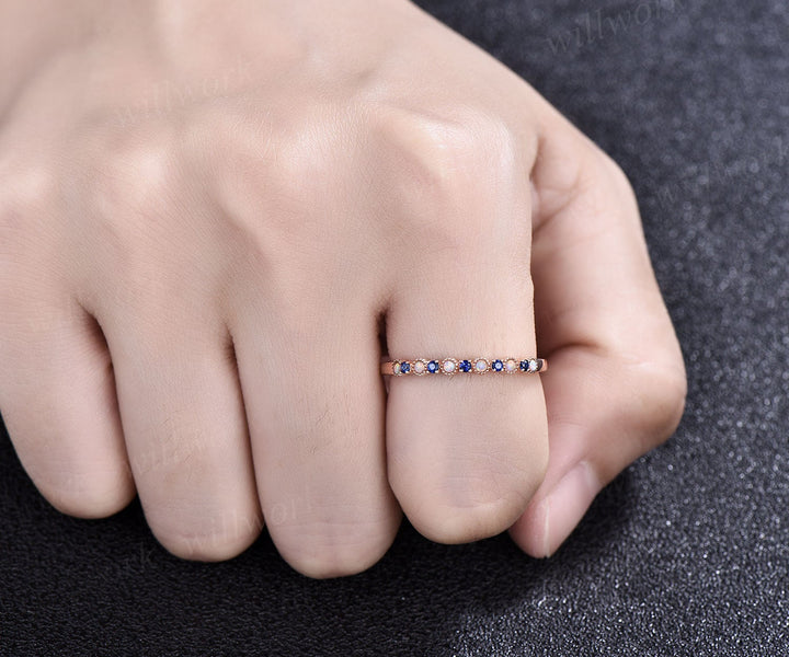 Natural sapphire wedding ring opal wedding band sapphire ring gold opal ring vintage Milgrain wedding ring band bridal anniversary gifts