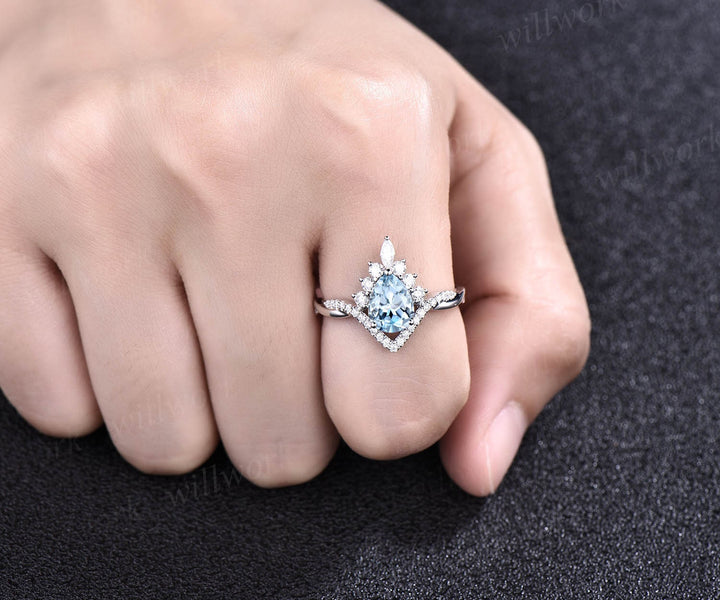 Aquamarine ring set vintage pear shaped aquamarine engagement ring set unique halo rose gold engagement ring women moissanite promise ring