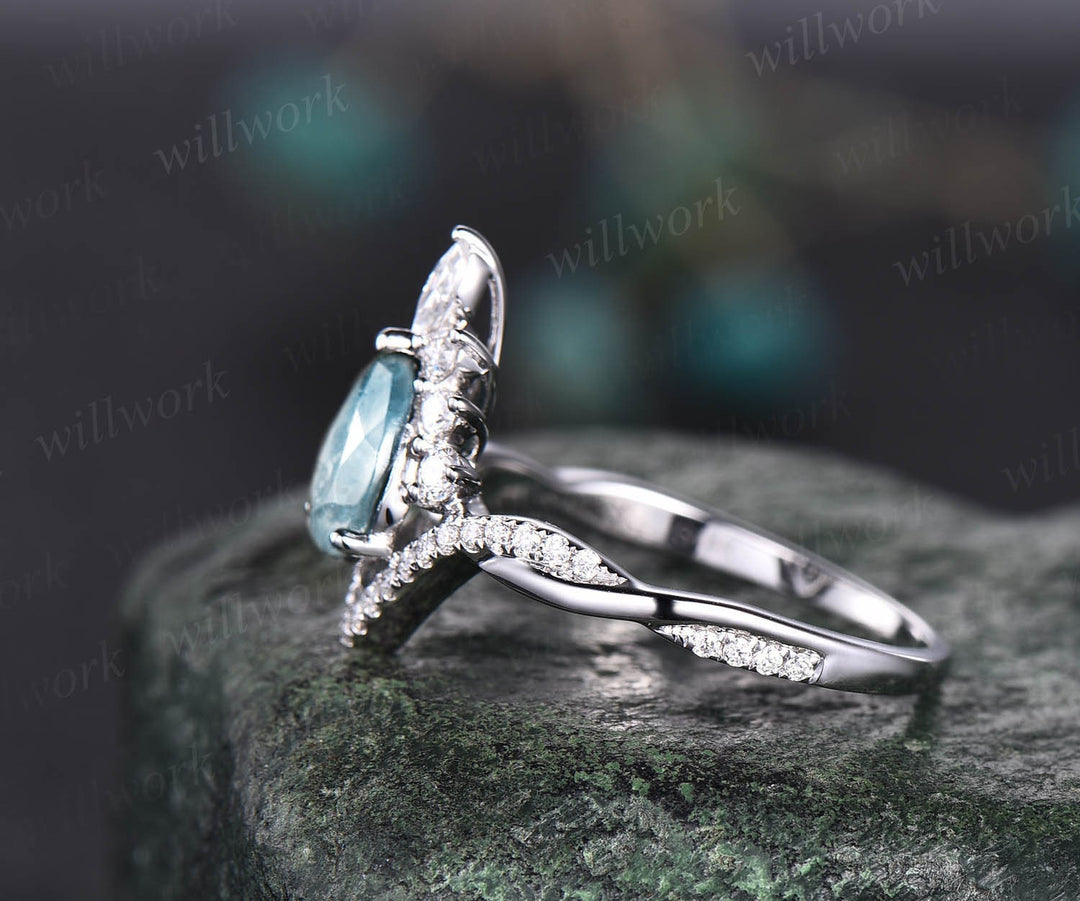 Aquamarine ring set vintage pear shaped aquamarine engagement ring set unique halo rose gold engagement ring women moissanite promise ring