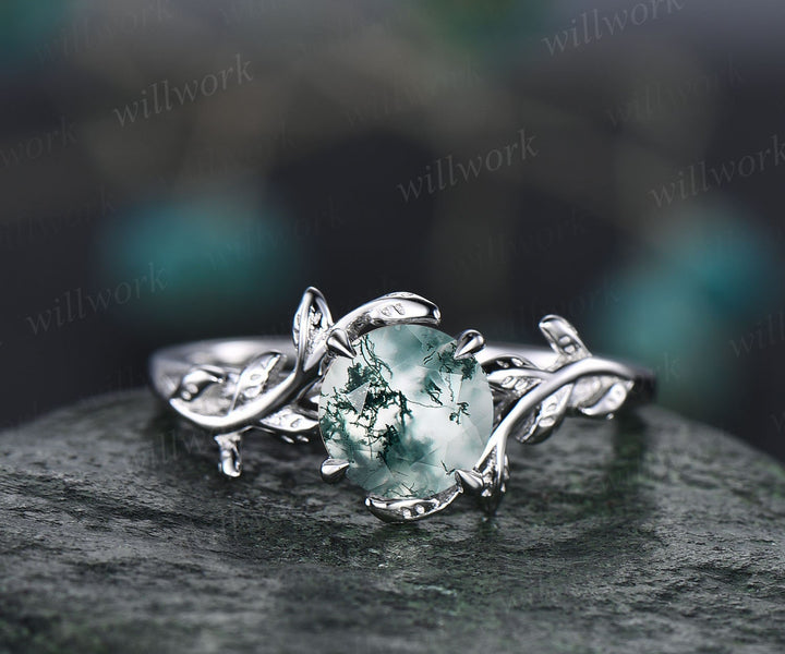 Round cut moss agate ring for women dainty Twig vintage moss agate engagement ring leaf art deco rose gold wedding bridal promise ring gift
