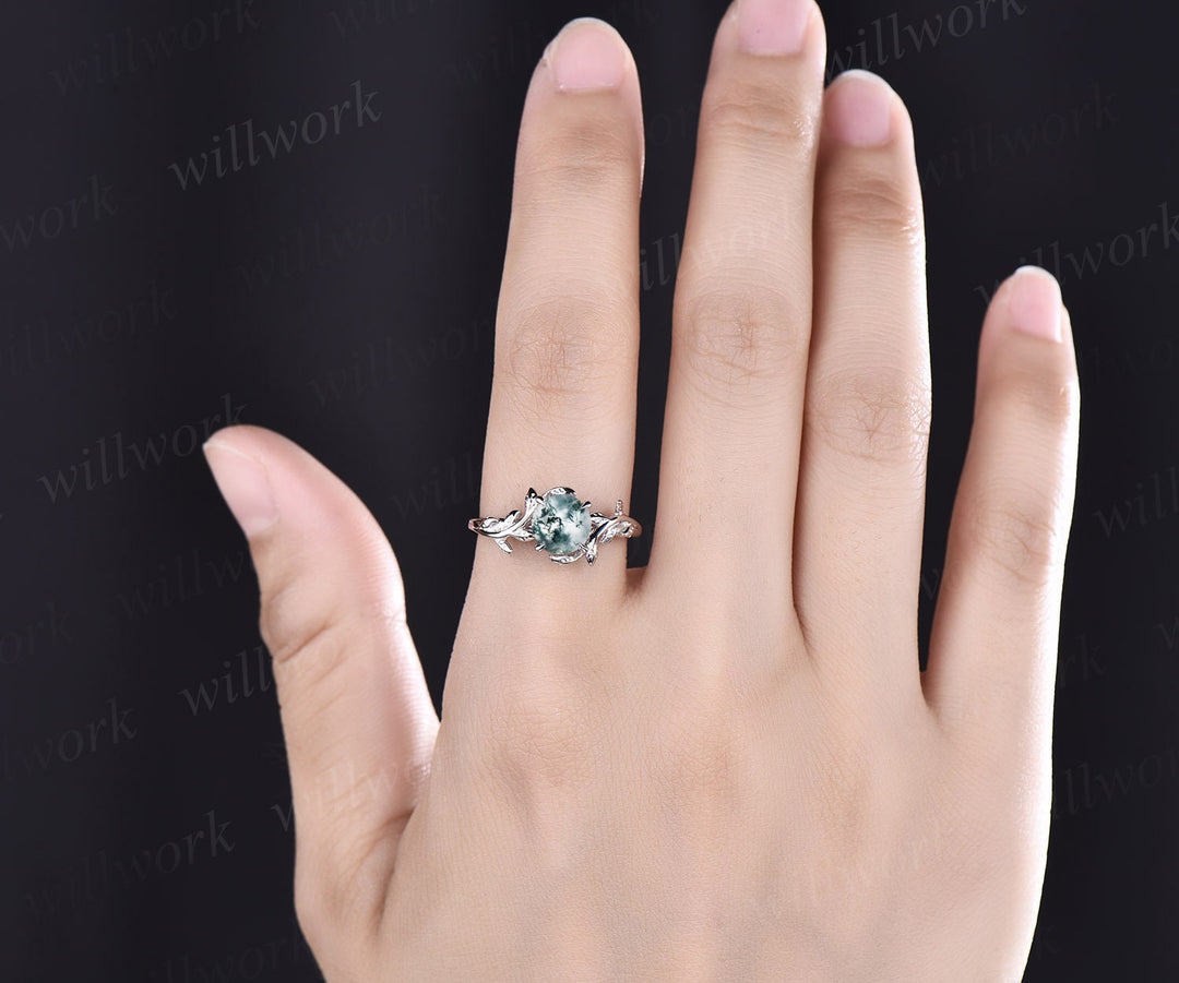 Round cut moss agate ring for women dainty Twig vintage moss agate engagement ring leaf art deco rose gold wedding bridal promise ring gift